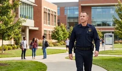 Uniformed security guard walking across a college campus